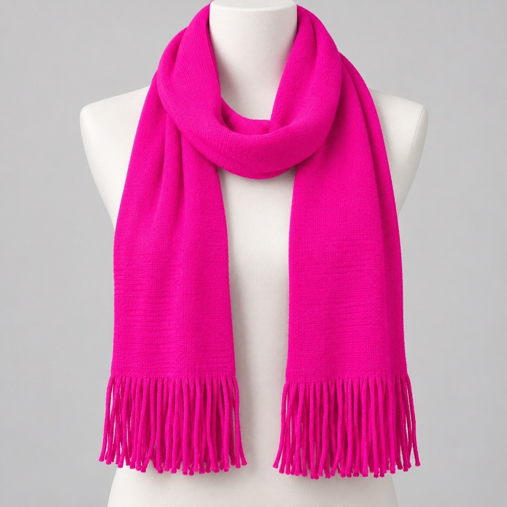 Knit Scarf Women OS Hot Pink Barbiecore Fringed Long Ribbed Winter Wrap Layering